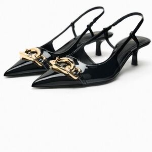 Zara Black Patent Slingback Heels with Gold Chain Accent